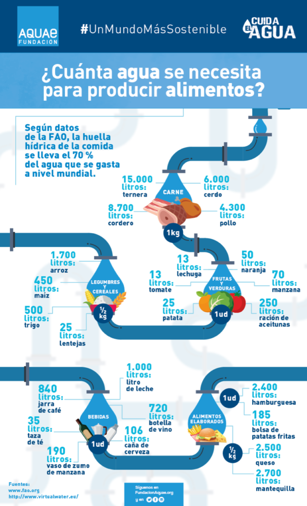 cuánta agua se necesita para producir alimentos y la huella hídrica