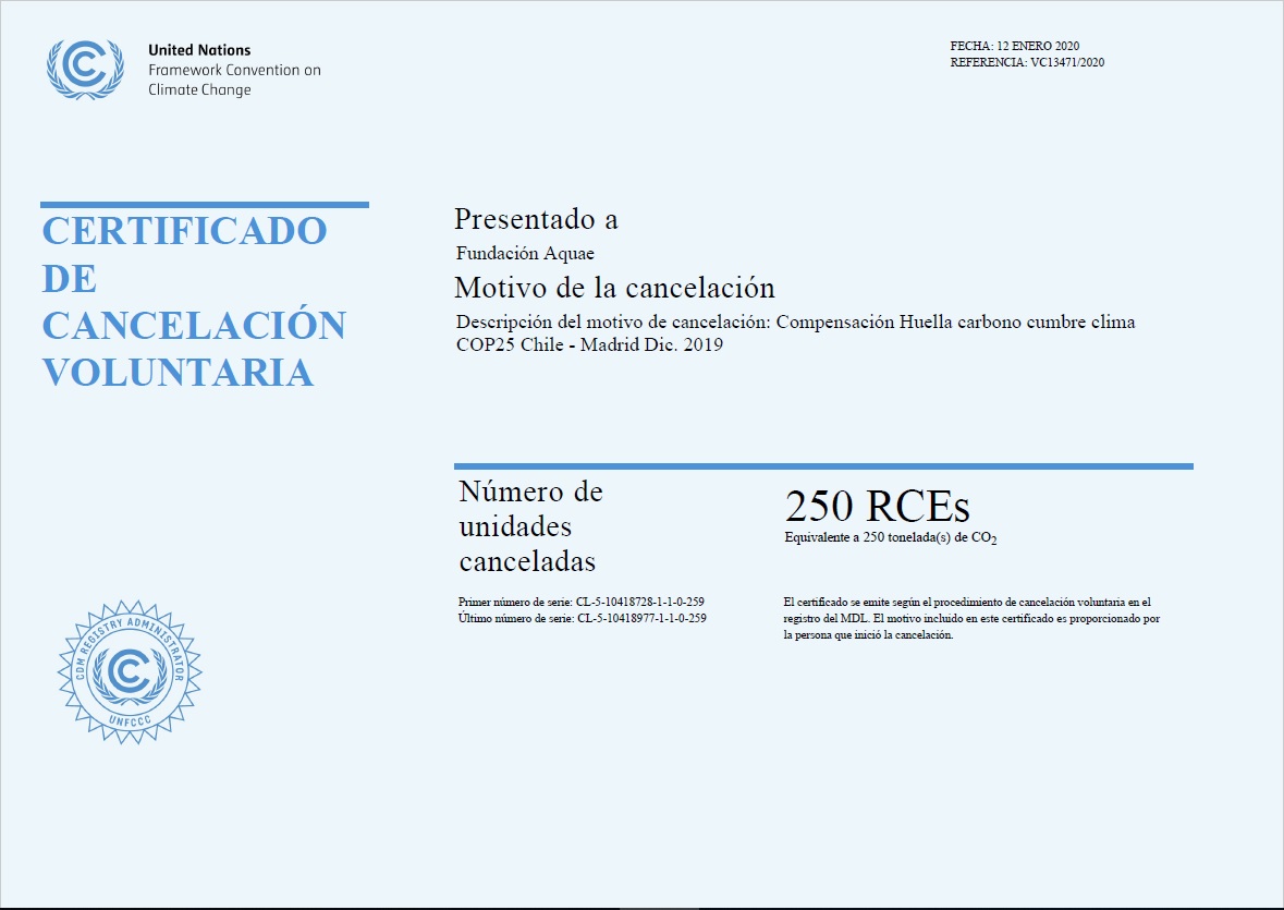 Certificado compensación CO2 COP25 Fundación Aquae