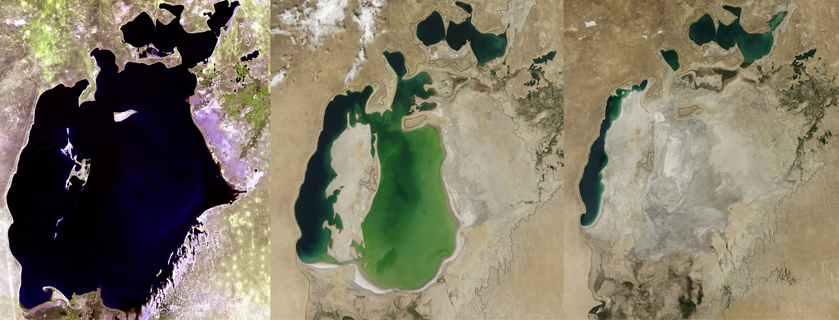 Tres imágenes satelitales del Mar de Aral tomadas en los años 60, en 2000 y en 2014, respectivamente